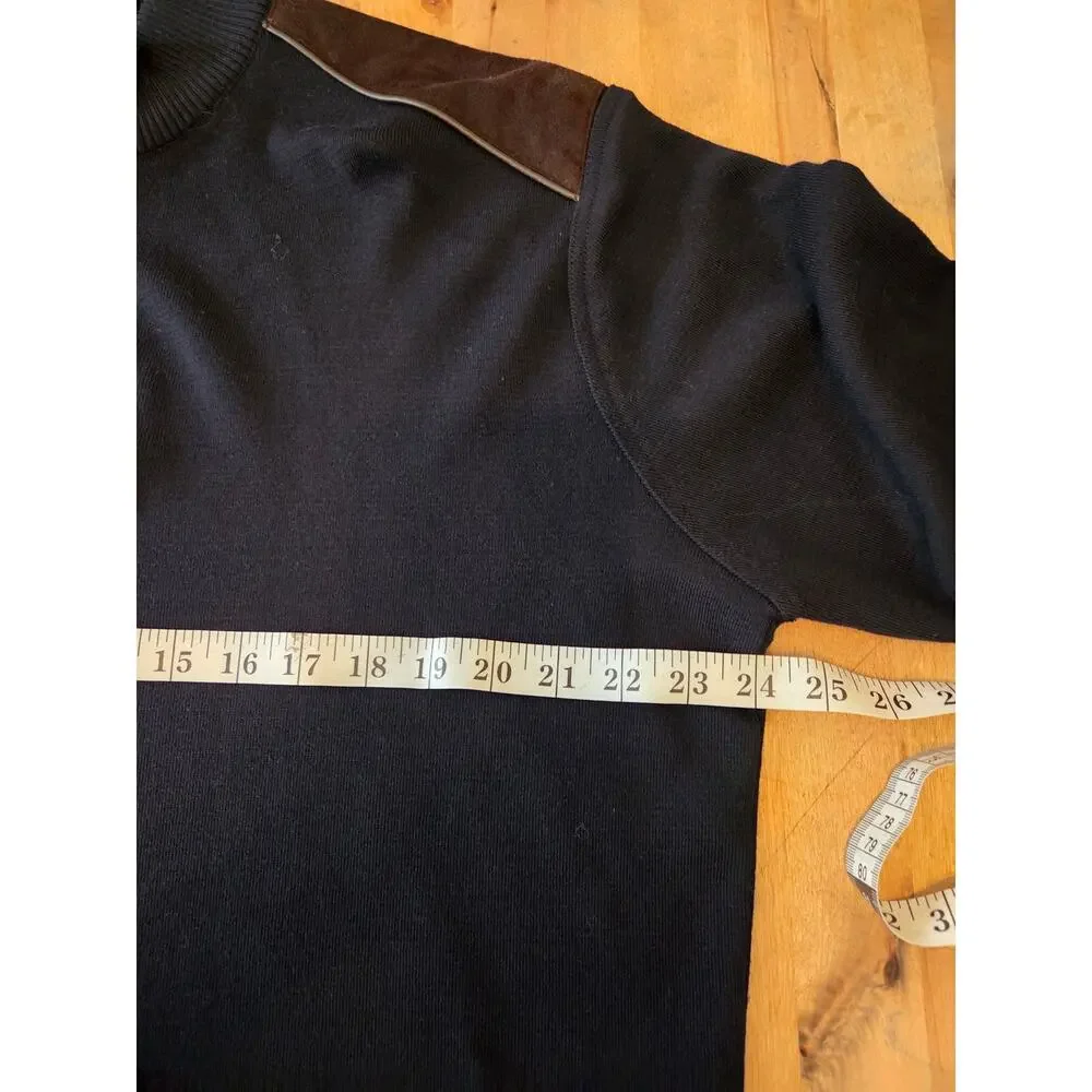 Luchiano Visconti Mens XL Italian Merino Wool Sweater Navy Mock Neck Suede Patch
